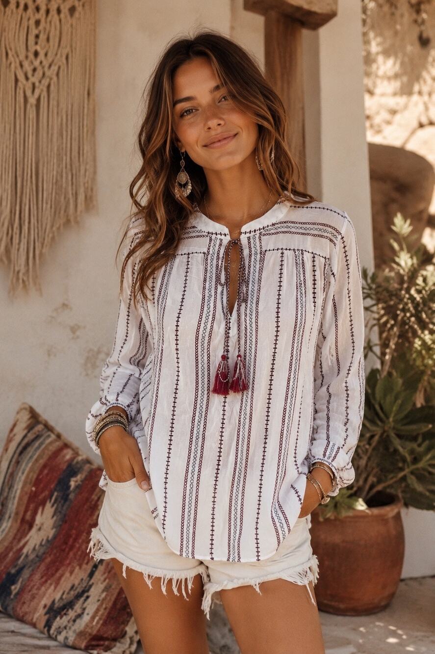 Rails Emily Embroidered Tassel Peasant Blouse Boho White Striped Size Small